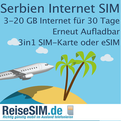 Prepaid Internet SIM-Karte oder eSIM für Serbien mit 3-20 GB für 30 Tage