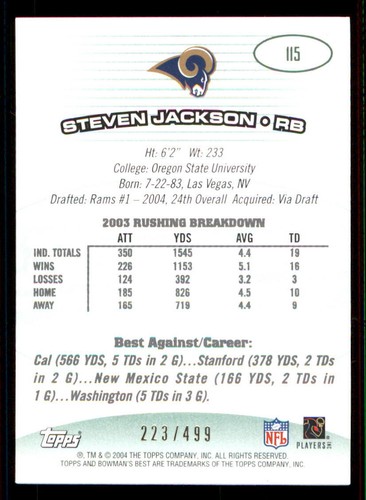 2004 Bowman's Best Green #115 Steven Jackson JSY /499 - Picture 2 of 2