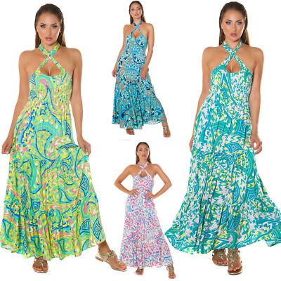 Damen Langes Sommerkleid mit Neckholder Ausschnitt, Print und Ausweich 7333 Nuovo