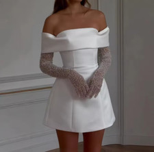 Summer Dresses Elegant Plain Lace Stitching Short Sleeve Off Shoulder Satin