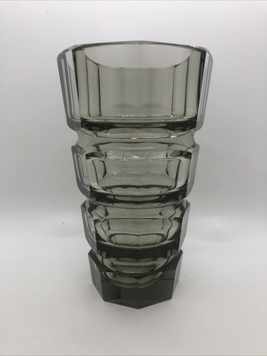 Moser Josef Hoffman Smokey Gray Vase Art Glass 1930’s Faceted Rings - Picture 2 of 21