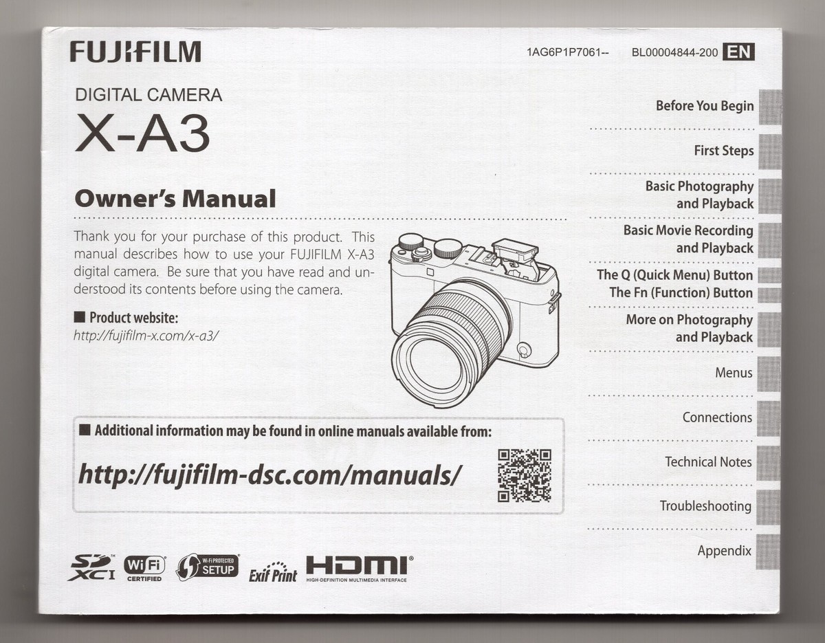 Fuji Fujifilm X-A3 Genuine Camera Instruction Manual User Guide