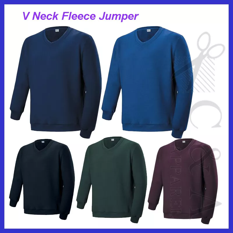 Unisex Kids V Neck Fleece Jumper Ribbed Collar Hems Cuffs Low