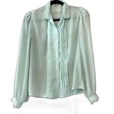 Vintage Kristin Mint Blue Pleated Button Down Blouse size 10