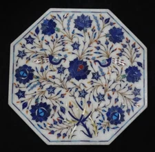 12" Marble Table Top Lapis Inlay Floral Art Handmade Corner Side Decorativ Hotel