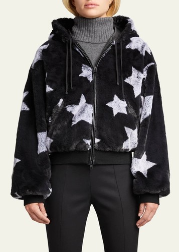 Blanc Noir Faux-Fur Reversible Star Hoodie Bomber Black Jacket Sz XL Real Real