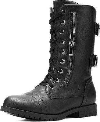 DREAM PAIRS Women's Terran Black Mid Calf Built-in Wallet Pocket Lace up Militar