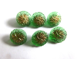 6 Beautiful Small  Czech Vintage Style Glass Buttons     Green w/Gold accents
