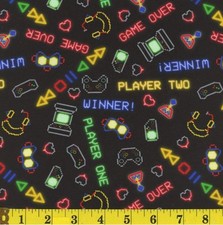 Cotton Pixel Power Video Games Gamers Words Black Fabric Print by Yard D674.93