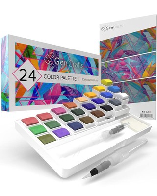 Watercolor Palette with Paper Pad 24 Premium Colors - 2 Refilable Water Brush...