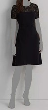 Lauren Ralph Lauren Women's Black Georgette Lace Trim Belted Dress Size 8