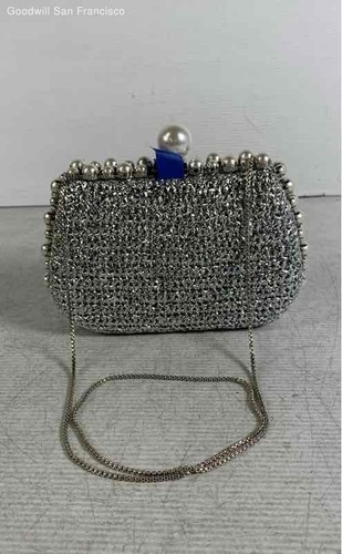 BTB Italy Silver Raffia Pearl Embellished Chain Strap Evening Crossbody Bag - Picture 2 of 11