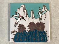 VTG 1990 6” Earthtones Southwestern Style HUMMINGBIRDS Tile Trivet Signed Ty-Oti
