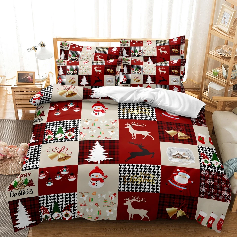 3pcs All Size Soft Christmas Xmas Plaid Quilt Doona Duvet Cover Pillowcase Set - image 3 of 4