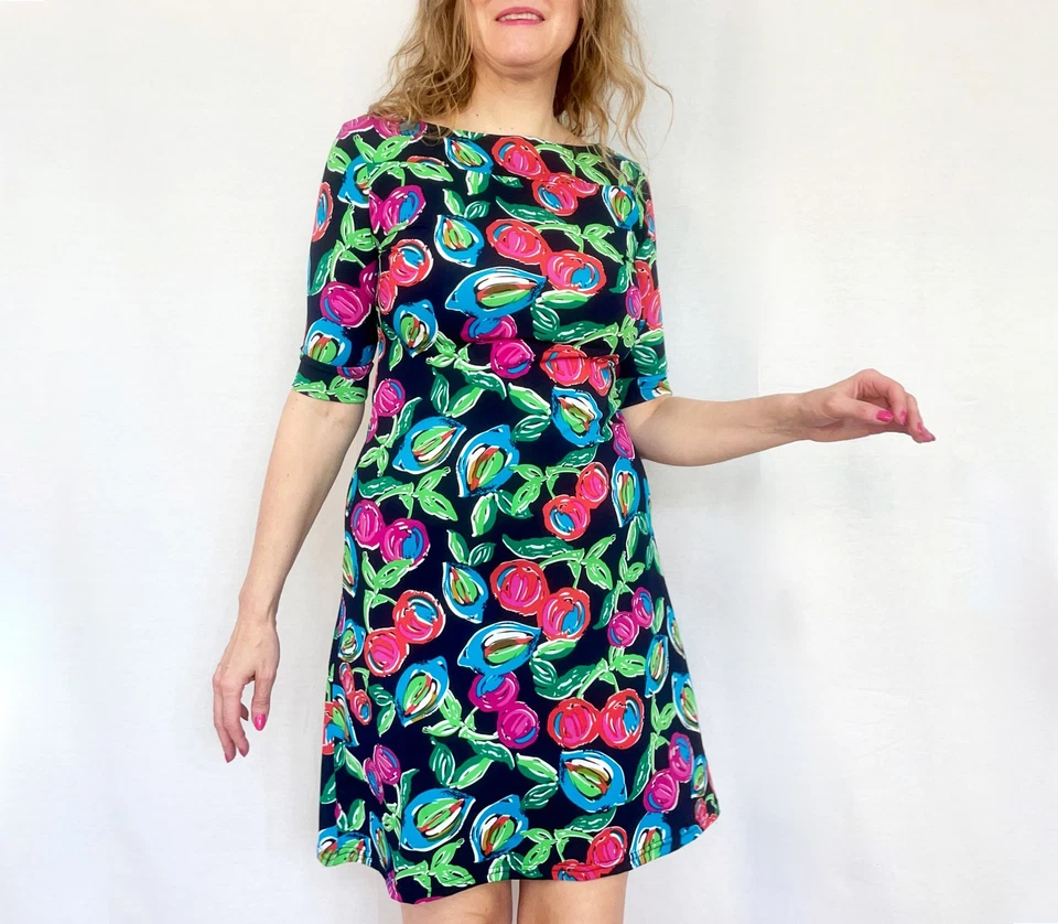 Vestido Jersey Seda Estampado Cerezas, Hecho en Italia, Talla S - Imagen 1 de 4