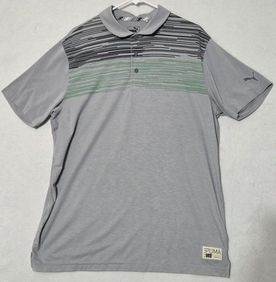 Puma Pin High Golf Polo Shirt Mens Size L Gray Black Striped Carlsbad California