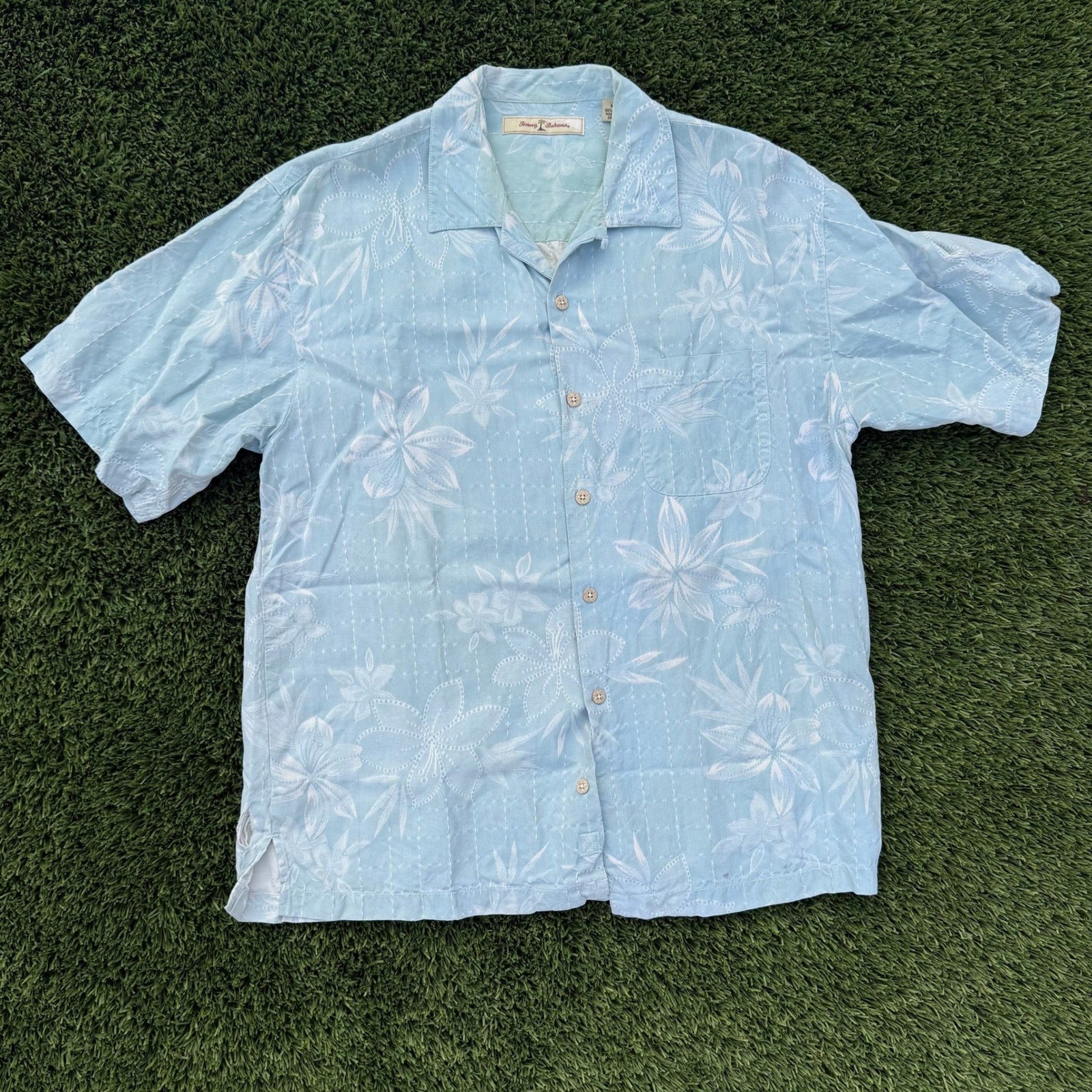 Vintage Tommy Bahama Mens M Blue Floral Silk Short Sleeve Button Down Shirt