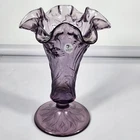 Fenton Purple Amethyst Glass Embossed Daffodils 7" Vase Double Crimp Ruffled Rim