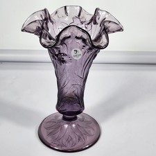 Fenton Purple Amethyst Glass Embossed Daffodils 7" Vase Double Crimp Ruffled Rim