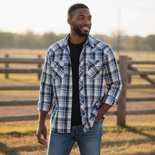 Wrancher Wrangler Blue Grey Plaid Shirt Pearl Snap Mens XL Cotton Blend Cowboy