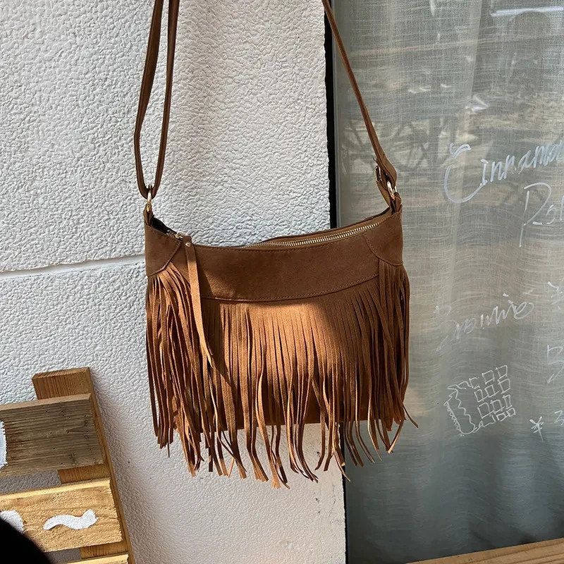 Boho Fringe Crossbody Bag Women Retro Tassel Shoulder Bag Cotton Linen Purse