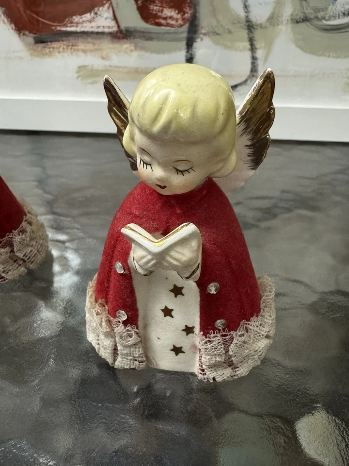 Vintage Angels Ceramic Christmas Figurines Pair Felt Robes & Lace Gold Stars C1 - Image 3 of 4