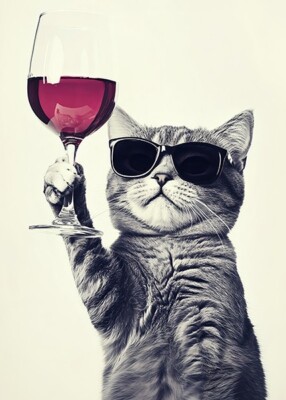 Cat With Red Wine Cute Funny Kitchen Animals Sunglasses Poster