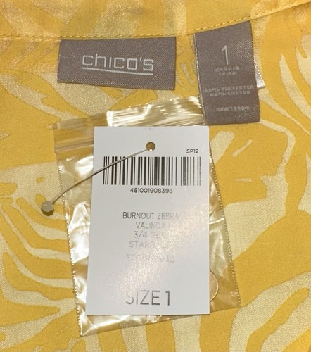 New NWT CHICOS 1 (Medium) Burnout Zebra Valinda Blouse Top Sheer Yellow Button - Picture 3 of 3