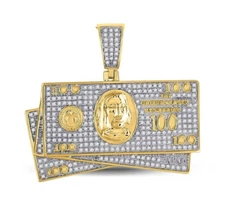 0.75 Cttw Diamond Money $100 Hundred Dollar Bill Pendant Charm 10k Yellow Gold