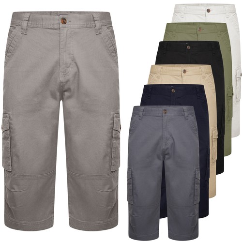 Mens 3/4 Cargo Shorts Combat Chino Pants Long Length Cotton Multi