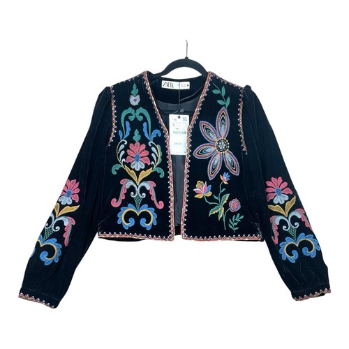 ZARA Black Velvet Embroidered Embellished Beaded Jacket Blazer S NWT Velour