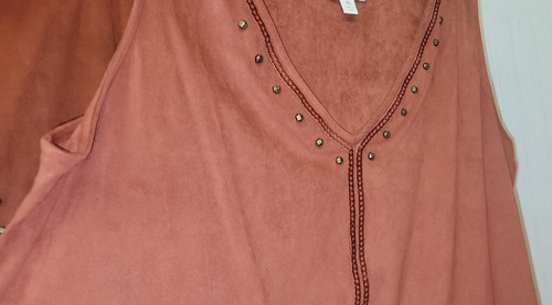 Bisou Bisou XL Tank Blouse & SZ 12 Skirt UT Orange Faux Suede Studded Threadwork - Picture 6 of 13