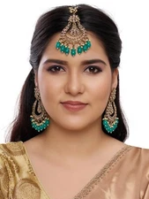 RHYMEE Rose Gold and Green Alloy Maang Tikka & Earrings – Women's Ethnic Jewelry