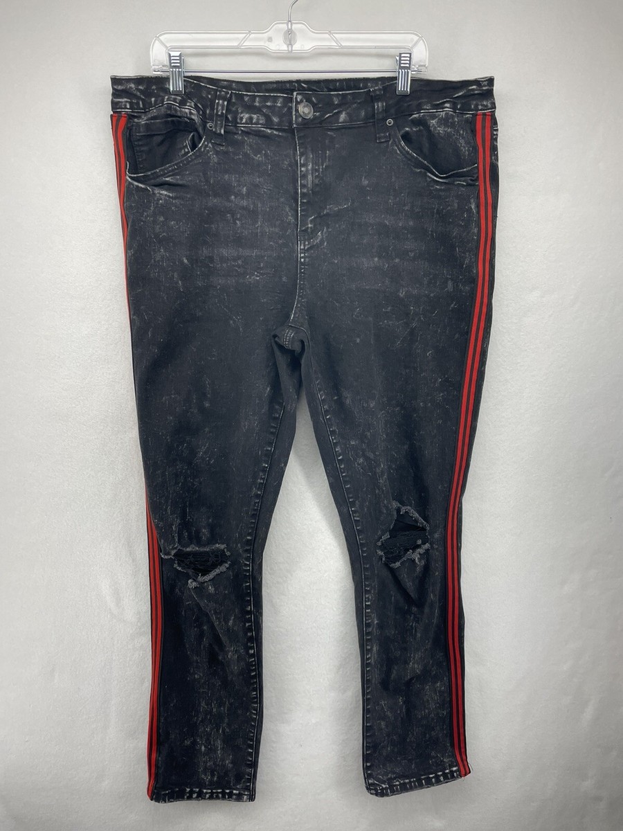 rue 21 PREMIUM MENS PANTS JEANS BLACK 38 BLOWN KNEE SIDE STRIPE