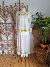 Vintage two piece embroidered cheesecloth cotton 70s top blouse dress skirt S