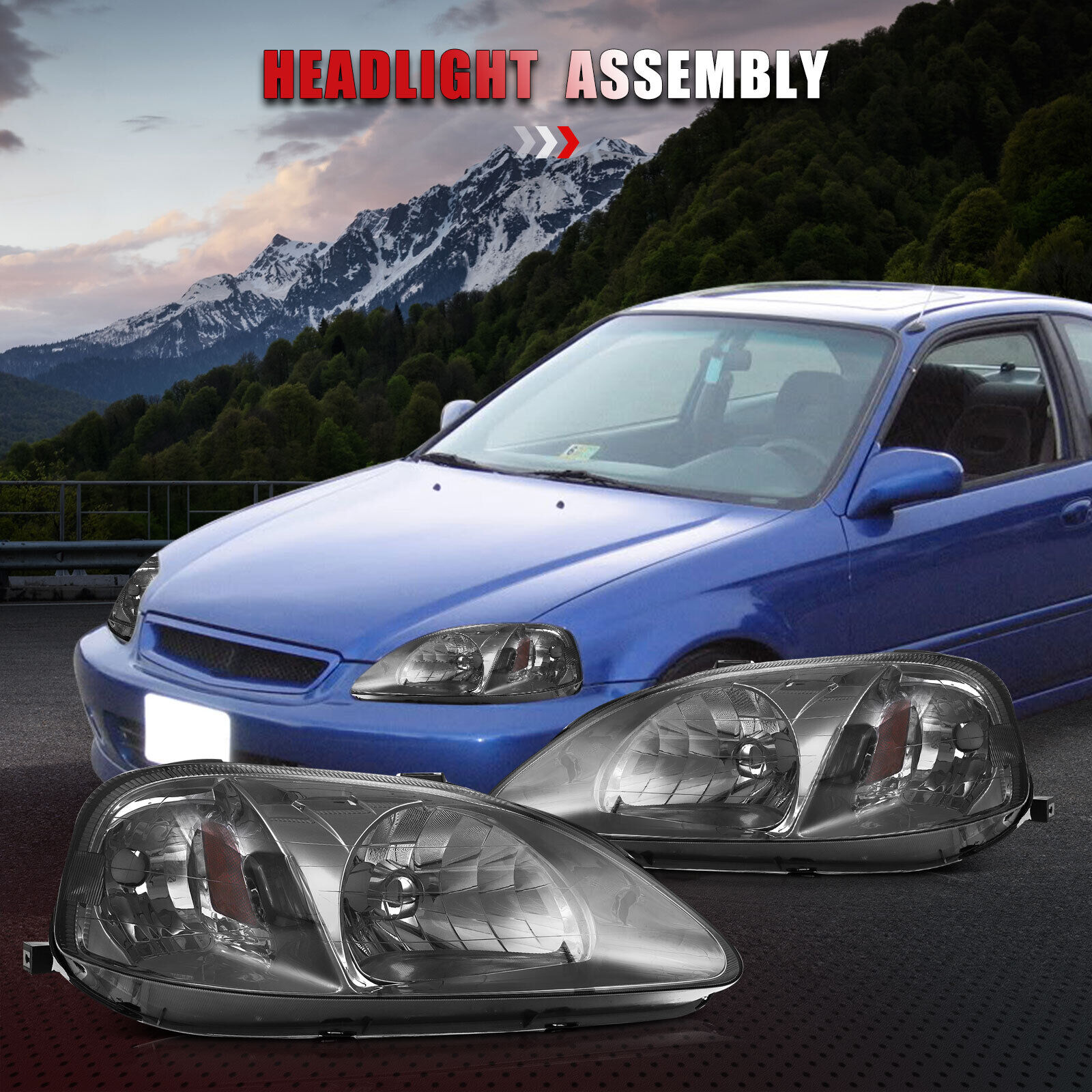 Black Light For 1999-2000 Honda Civic Front Headlights Assembly Headlamps Pair