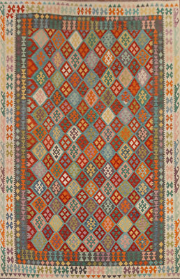 Colorful Kilim Rugs Rectangle Flatweave Pile Wool Kelim Carpets 10x13 ft