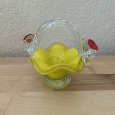 Murano Style Art Glass Ruffle Basket Vase Yellow Floral