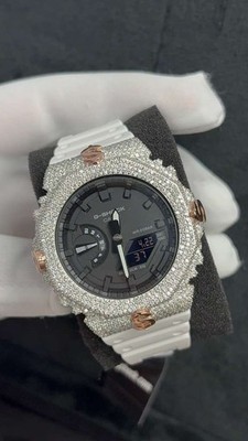 Custom Moissanite G-Shock GA-2100 Watch White tone Dollar Bezel White Band