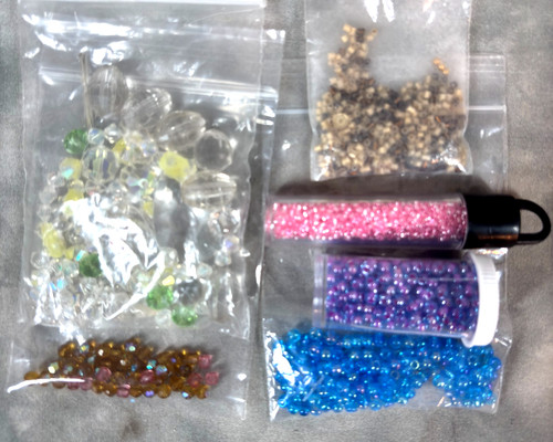 Mixed Lot of 7 Bags & Tubes – Crystal, Seed, & Glass Beads in Clear, Pink, Blue,