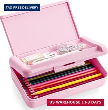 Pencil Box, Double Layer Pink Pencil Case, Large Capacity Plastic Crayon Box wit