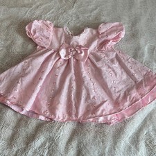 JoLene Vintage 90's Pink Eyelet Baby Girl Dress Satin Bow Floral Embroidery 12M