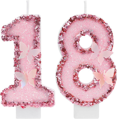 Girls Number 18 Birthday Candles, Pink Butterfly 18Th Birthday Candle, Glitter C