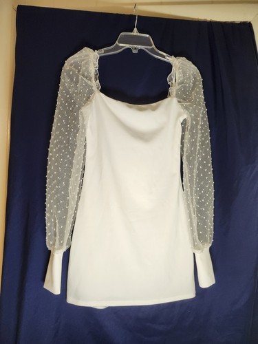 Lucy in the Sky Women's White Square Neck Mesh Puff Sleeve Mini Dress Size S