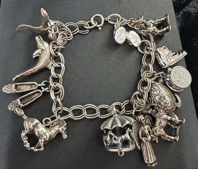 V- Sterling Silver Carousel Charm Bracelet 925 Loaded Dolphin Horse Turtle 7.5  