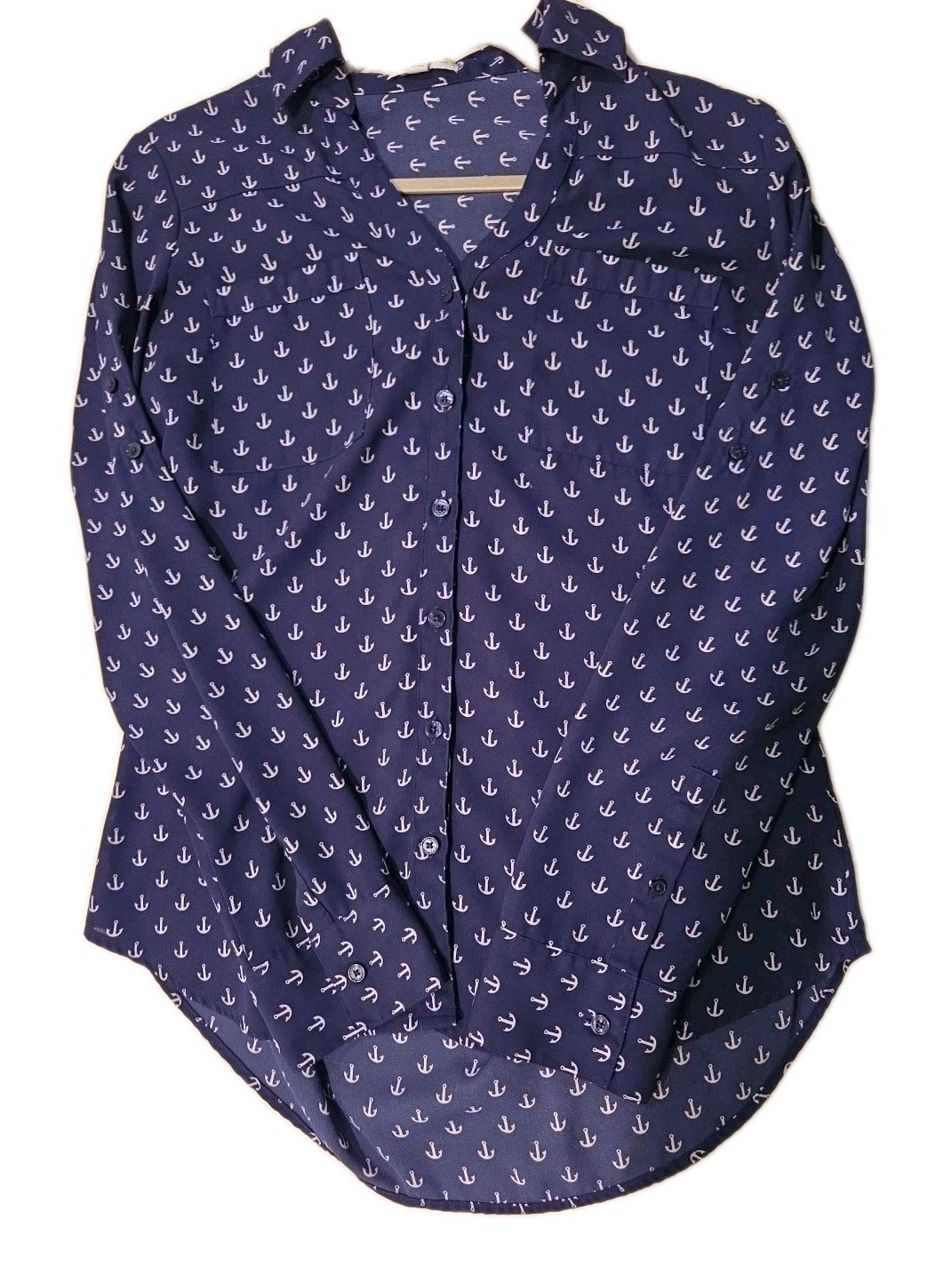 Express The Portofino Shirt Nautical Anchor Print Navy Blue S/P Roll Tab Sleeves