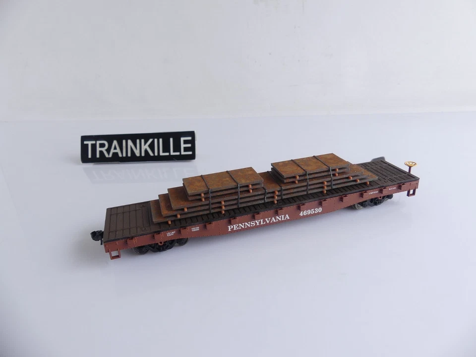 (2) EVEMODEL HO WAGON PLAT A BOGIES TYPE US + CHARGEMENT DE PLAQUES EN METAL - Photo 1/2