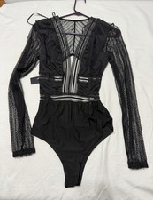 Lulus Black Long Sleeve One-Piece Bodysuit M Sheer Stretch Wireless