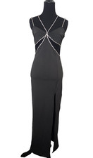 NWT Y2K Black Strappy Maxi Gown Mesh + Rhinestone Detailing