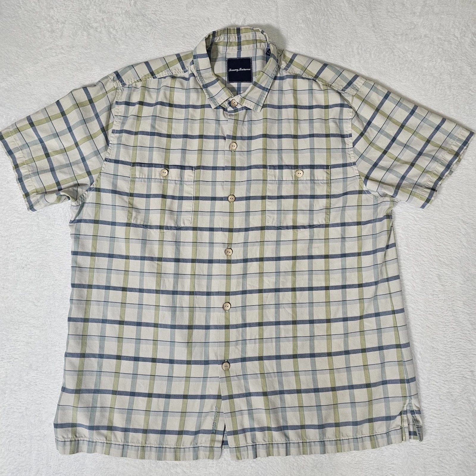 Tommy Bahama Shirt Men's XL Blue Green Striped Silk Blend Hawaiian Button Up